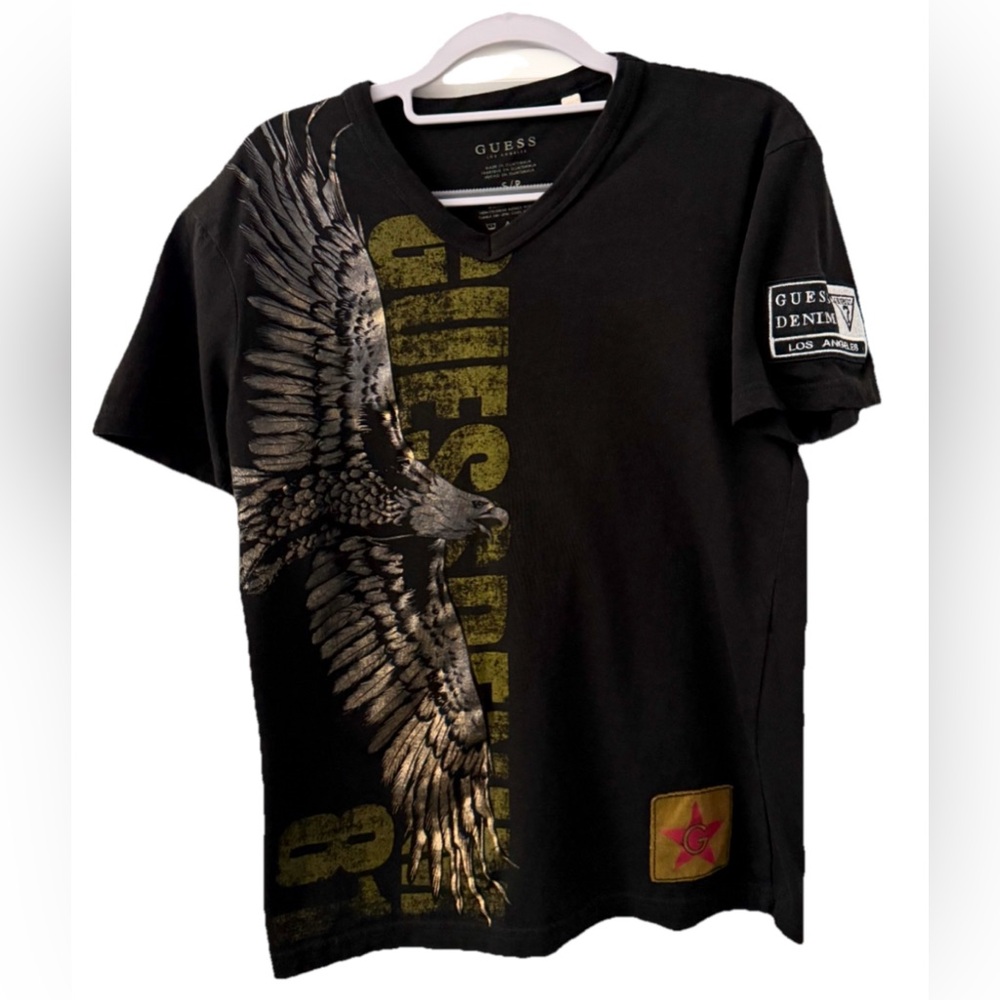 GUESS Denim Men’s Black Graphic Eagle T-Shirt Gold Logo Size Small